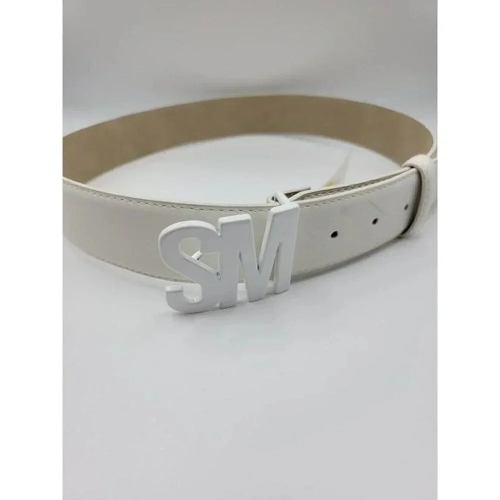 NWT Steve Madden White Logo Keeper Buckle Belt Faux Leather Metal Buckle Size S
